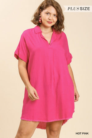 Plus SS Linen High Low Collar Dress