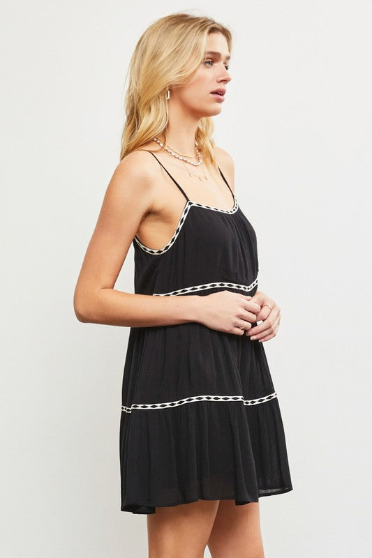 Tape Trim Shirred Tiered Romper Dress