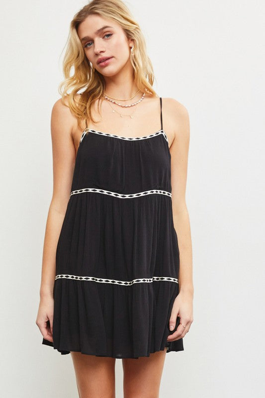 Tape Trim Shirred Tiered Romper Dress