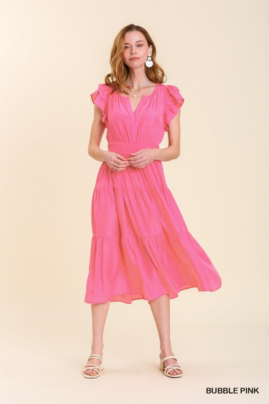 Smock Waist Flutter Sleeve Midi Dress