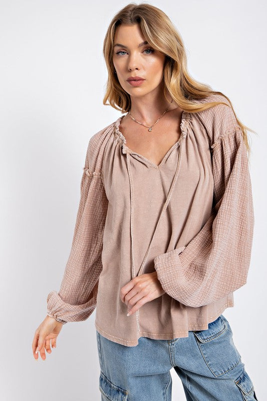 Gauze Sleeve Tie Front Top