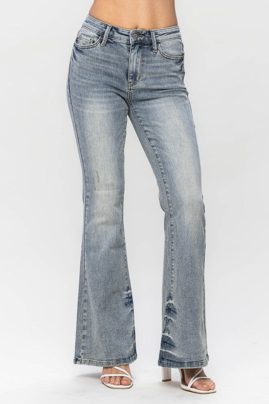 Mid Rise Tinted Pin Tack Flare Jeans