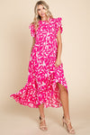 Print Frill Neck Ruffle Tier Midi Dress