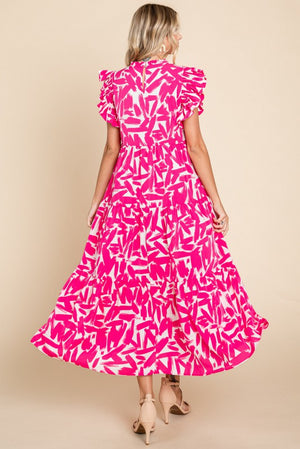 Print Frill Neck Ruffle Tier Midi Dress