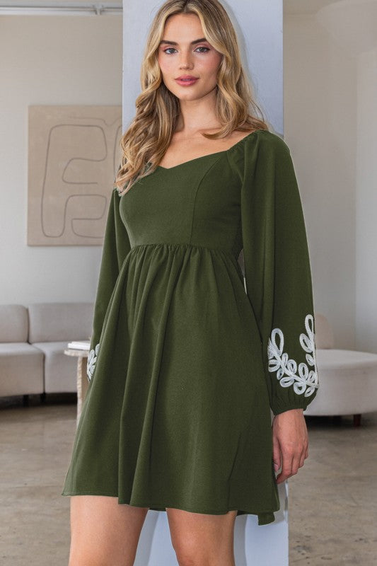 Embroidered Sleeve VNeck Dress