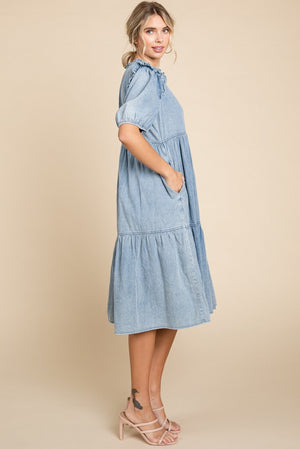 Frill Trim Denim Midi Dress