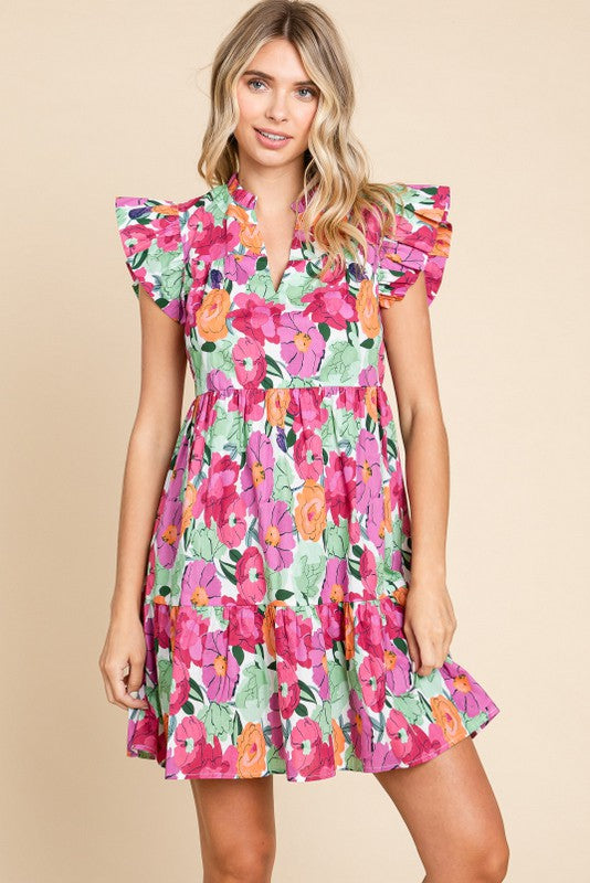 Open Neck Floral Babydoll Dress