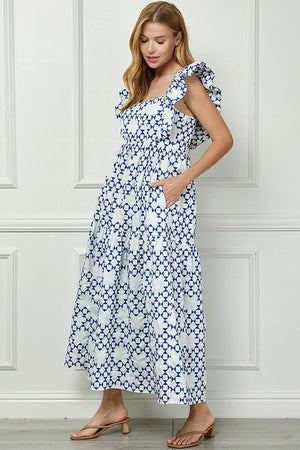 Back Smocking Print Tier Maxi Dress