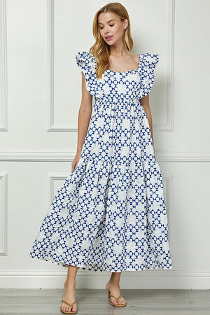 Back Smocking Print Tier Maxi Dress