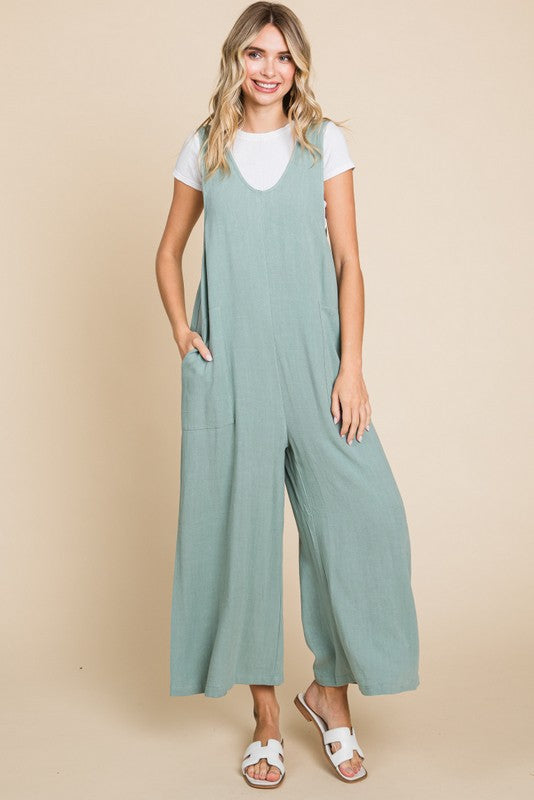 U-Neck Linen Overalls Jumpsuit