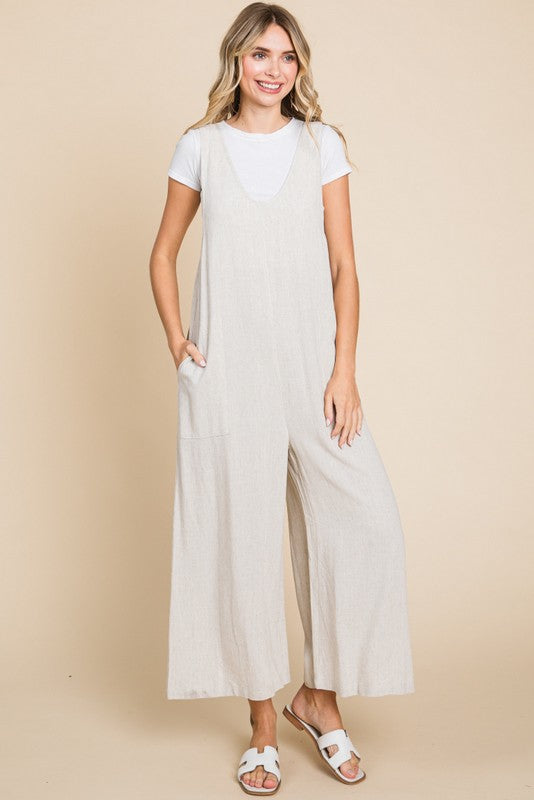 U-Neck Linen Overalls Jumpsuit