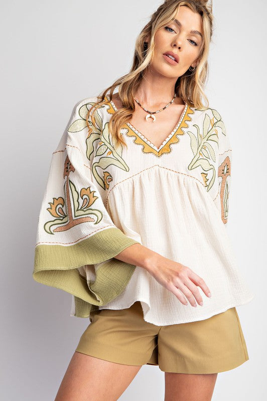 Embroidered Gauze Babydoll Top