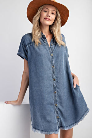 Plus Fray Trim Button Tunic Dress