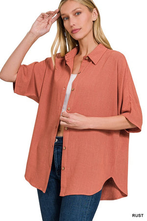 Linen Dolman Half Sleeve Button Down Top