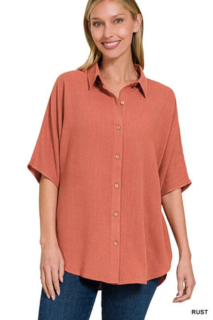 Linen Dolman Half Sleeve Button Down Top