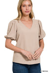 Woven Puff Sleeve VNeck Top