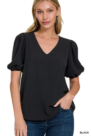 Woven Puff Sleeve VNeck Top