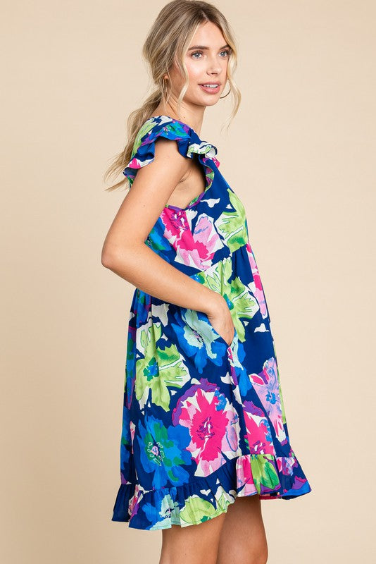 Plus Ruffle Trim Floral V-Neck Dress