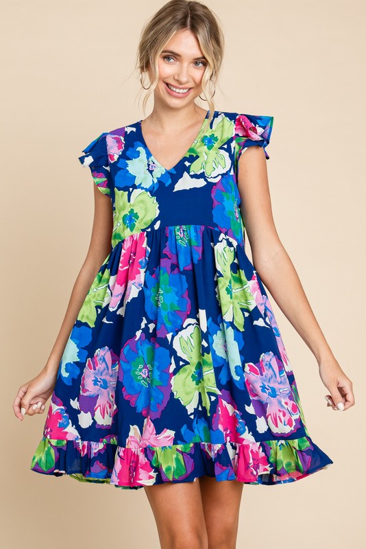 Plus Ruffle Trim Floral V-Neck Dress