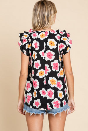 Layered Ruffle Shoulder Flower Top