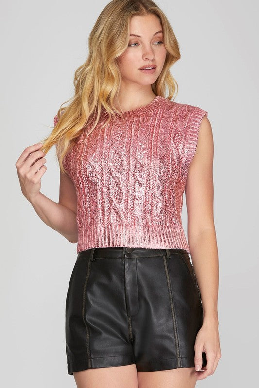 Metallic Cable Knit Crop Sweater Vest Top