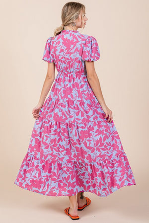 Frill Slit Neck Floral Midi Dress