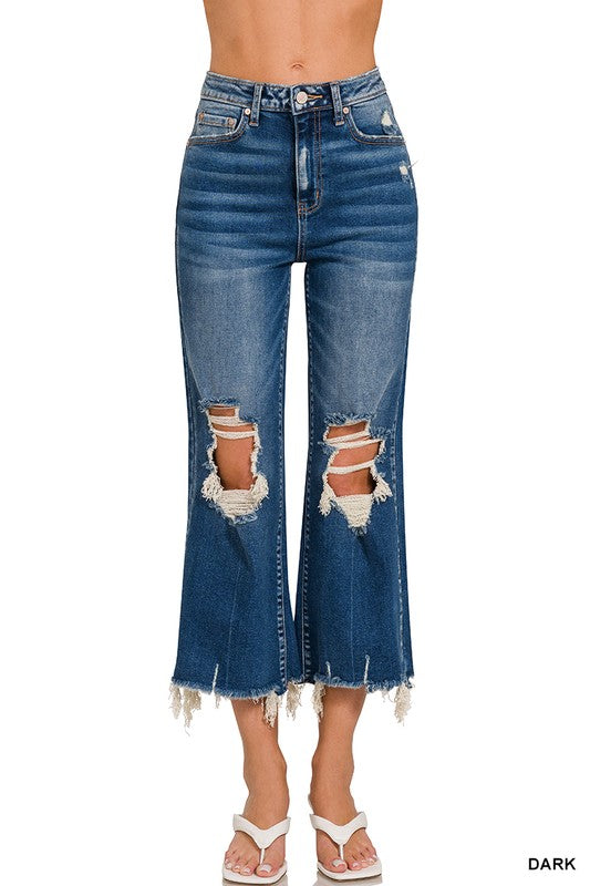 Distressed Knee Fray Hem Crop Jeans