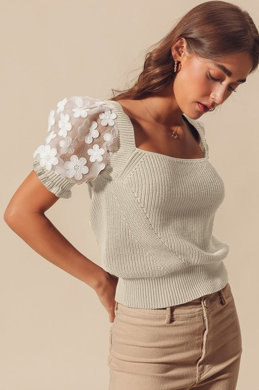 Lace Puff Sleeve Sweater Top