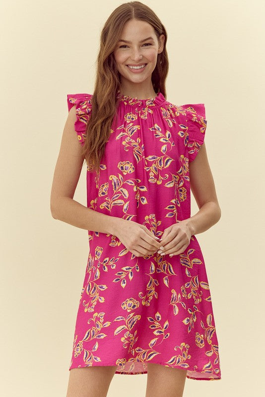 Frill Trim Floral Cap Sleeve Dress