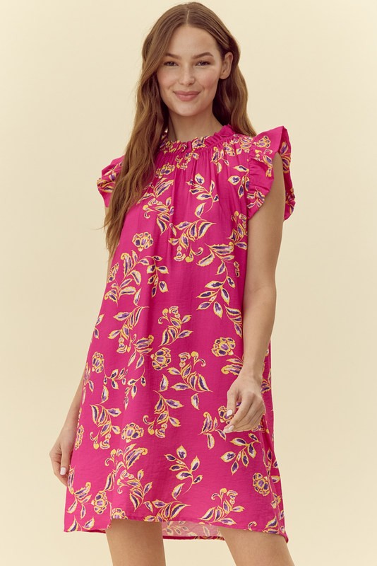 Frill Trim Floral Cap Sleeve Dress