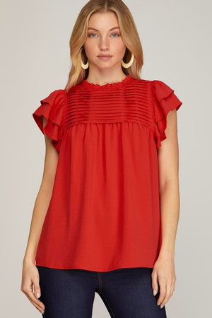 Pleat Yoke Ruffle Sleeve Top