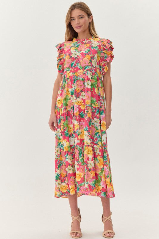 Floral Frill Neck Ruffle Tier Midi Dress