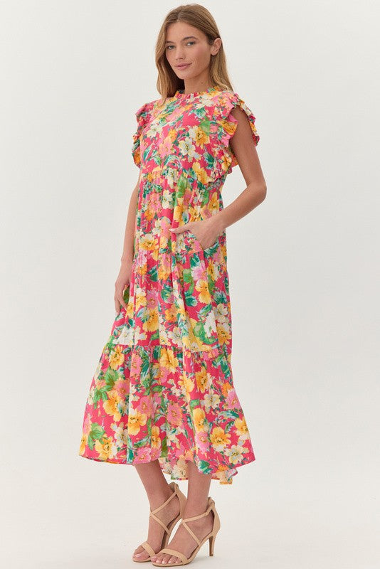 Floral Frill Neck Ruffle Tier Midi Dress