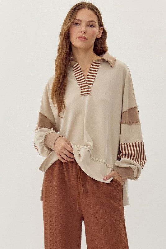 Mixed Stripe Colorblock Collar Sweatshirt