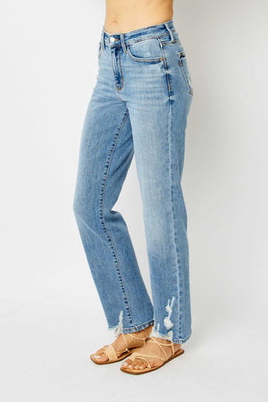 High Waist Destroy Hem Straight Jeans