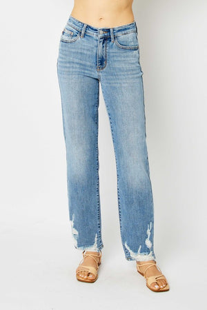 High Waist Destroy Hem Straight Jeans