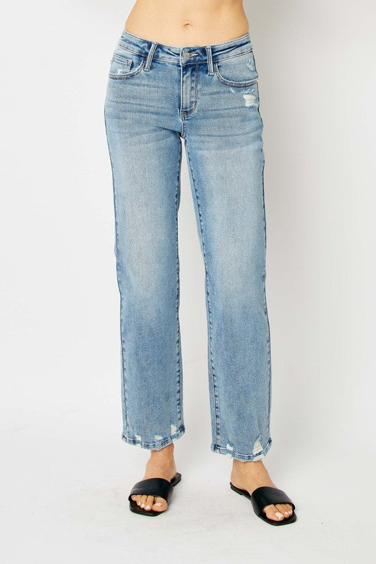 Mid Rise Distressed Straight Jeans