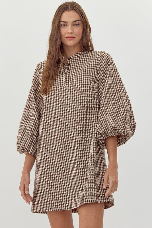 Houndstooth Check Balloon Sleeve Dress