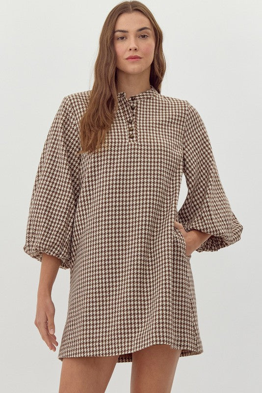 Houndstooth Check Balloon Sleeve Dress