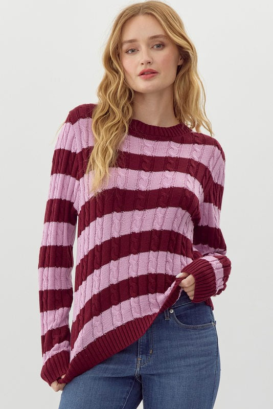 Striped Cable Knit Sweater Top