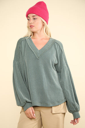 Rib Texture LS V-Neck Top