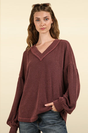 Rib Texture LS V-Neck Top