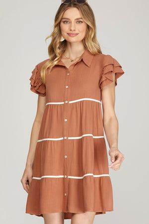 Contrast Trim Ruffle Sleeve Button Dress