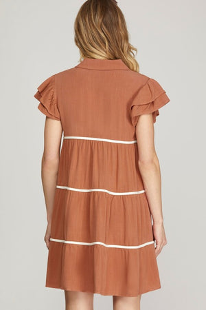 Contrast Trim Ruffle Sleeve Button Dress