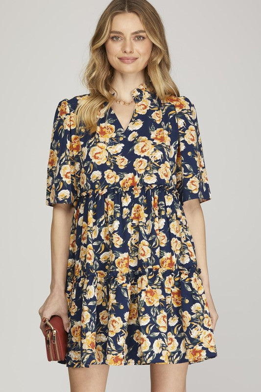 Half Sleeve Floral Tier Dress