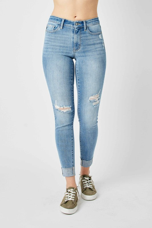 Mid Rise Destroy & Cuff Skinny Jeans