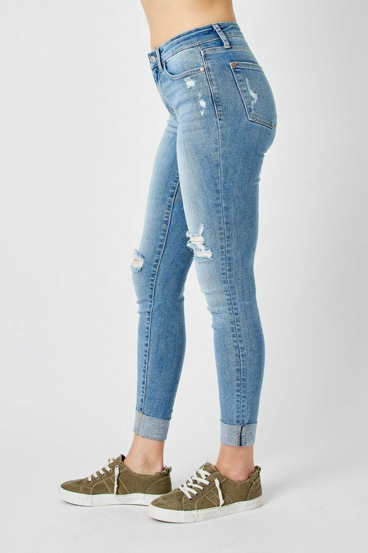 Mid Rise Destroy & Cuff Skinny Jeans