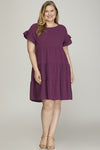 Plus SS Ruffle Sleeve Solid Tier Dress