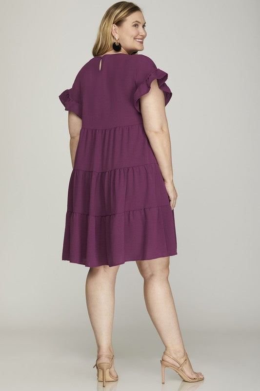 Plus SS Ruffle Sleeve Solid Tier Dress