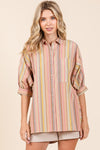 Stripe Bubble Sleeve Button Down Top